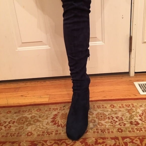Navy blue Suede over-the-knee block heel boot 10 - Picture 4 of 7